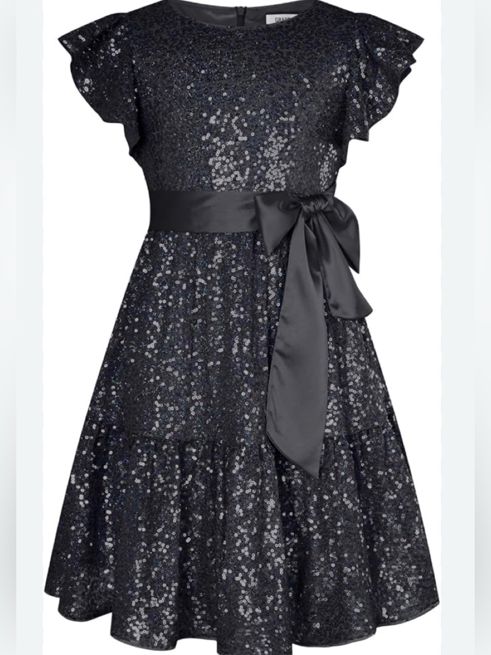 Girls' Grace Karen Black Sequin Satin-Bow Party Dress